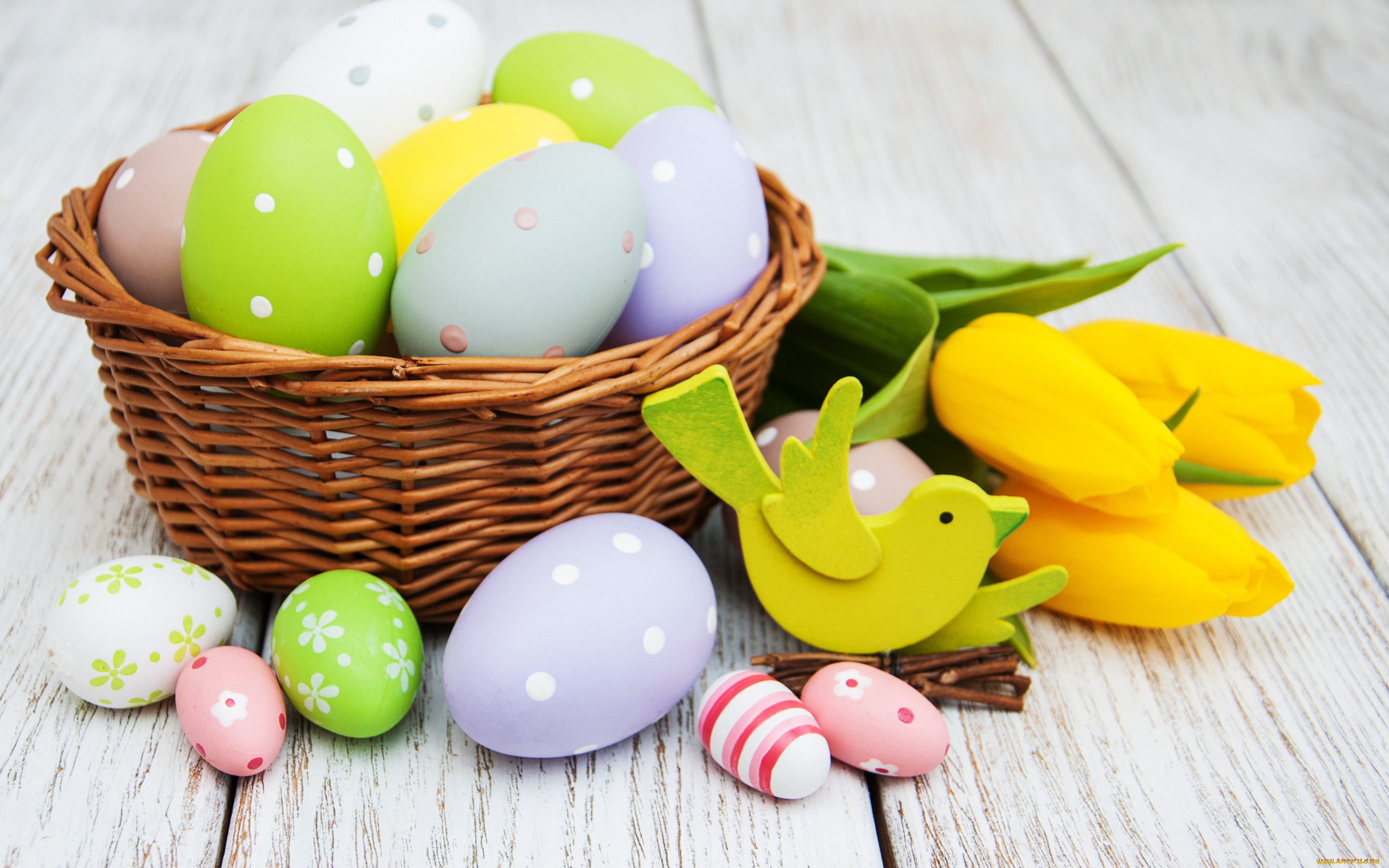 , , , , , , colorful, , happy, yellow, wood, flowers, tulips, easter, eggs, decoration, basket